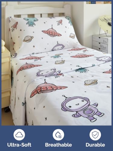 Image of Kids Twin Size Robot Bed Sheets - 3 Piece Kids Robot Sheet Set - Galaxy Space Bedding - Ultra-Soft, Cute & Cozy - Breathable & Machine Washable - Wonderful Bed Set for Boys, Girls, Teens & Toddlers
