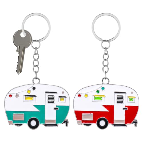 Image of Grevosea 2 Pack Camper Keychain, Happy RV Camper Keyring Camper Accessories for Men WomenTravel Trailers Retro Camping