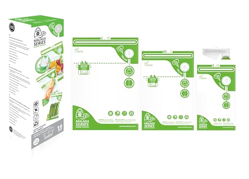 FOSA Set Adaptateur de sacs pour le sous-vide 3-en-1, Série Malaga, assortiment de 14 sacs pour congélation réutilisables (Taille S, M et L)