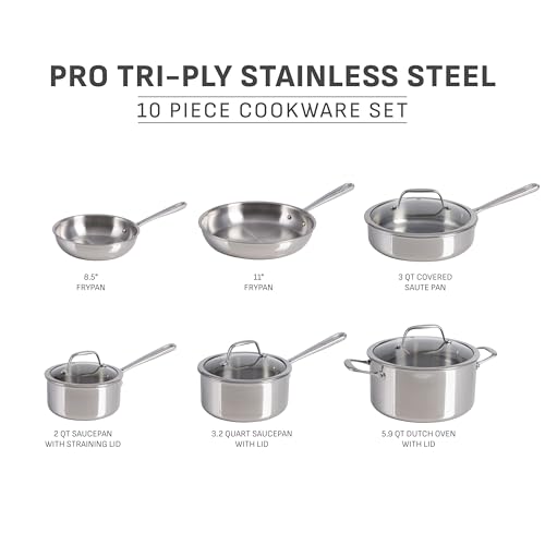 Image of T-fal Pro Tri-Ply Stainless Steel Cookware Set, 10 Piece-Induction Compatible, Oven Safe 500F, Lids-350F, Even Heat, Professional Quality, Durable, Induction Pots and Pans Set, Silver