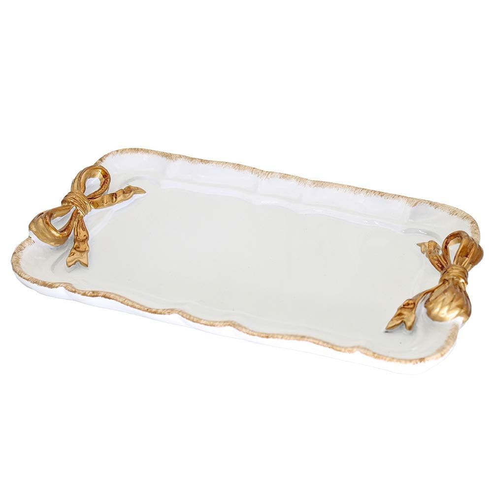 Warmtree Vintage Jewelry Organizer, Decorative Tray for Jewelry, Towel, Storage, Rings, Bracelets, Earrings, Cosmetics, Retro Design, Bow Decor Resin Plate Coquette for Room Decor, White