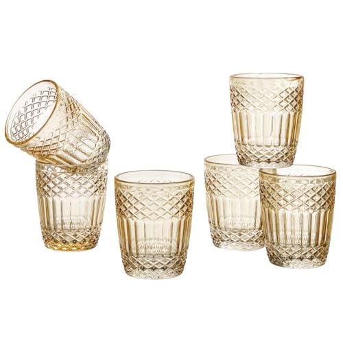 Baroni Home Set 6 pz di Bicchieri in Vetro Decorati con Rifiniture in Rilievo da 30 CL, Lavabili in Lavastoviglie, 8x8x10, Ambra
