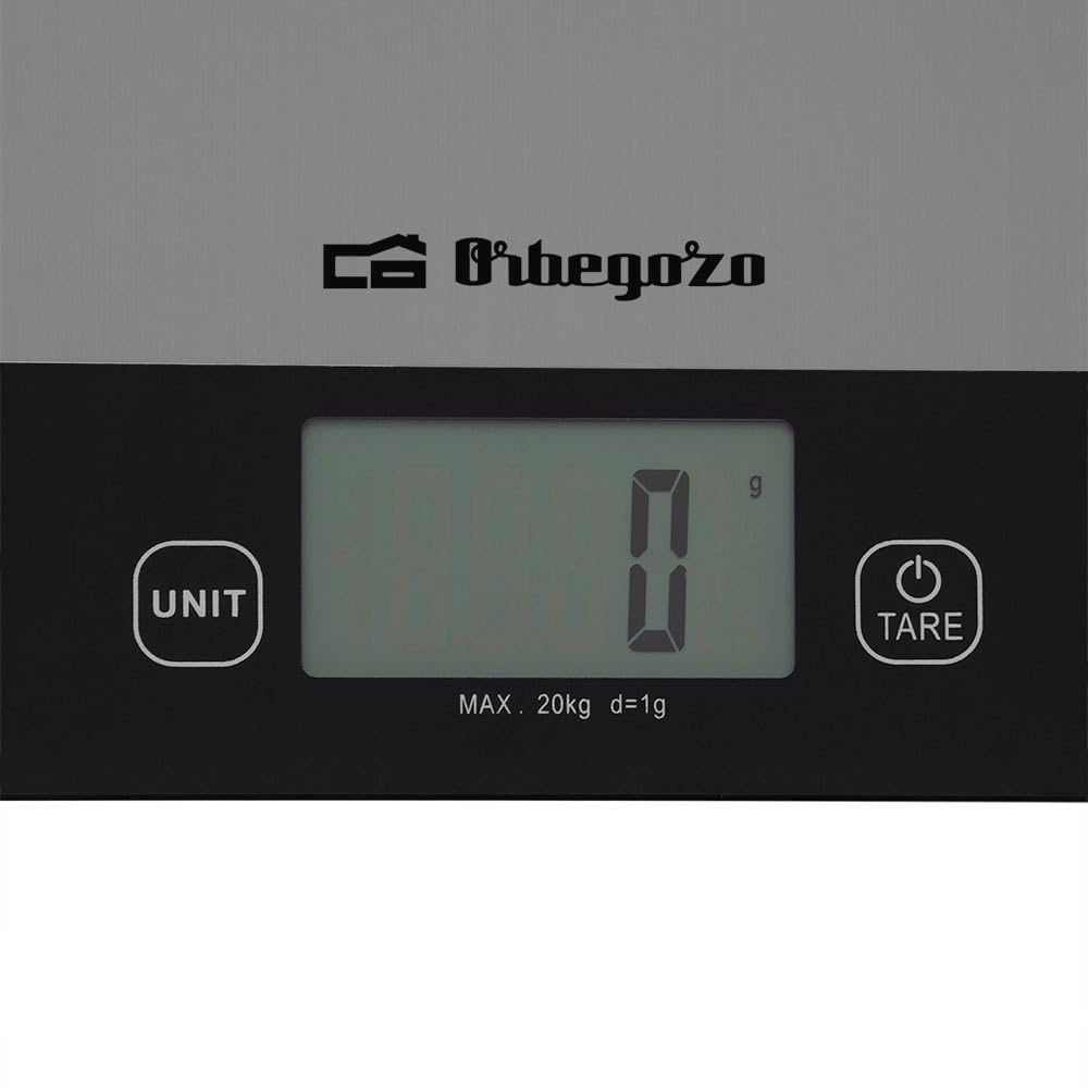 Orbegozo PC 2026 - Báscula de cocina, control táctil, pantalla LCD, función auto-tara, desconexión automática, superficie anti huellas, 20 kg máx