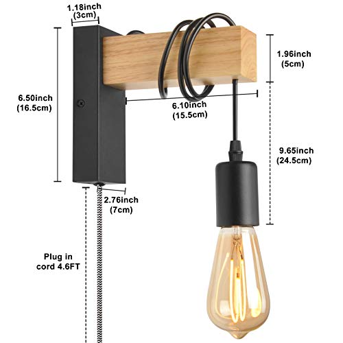 Retro Minimalist Wall Sconce Lamp Plug In Cord, Wooden Beam Hanging Mounted Wall Light Fixture For Bedroom Living Room Bedside Reading, Fit Vintage Industrial Farmhouse Décor, Black(With No Bulb) #TOP5