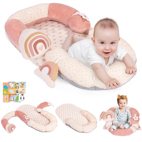 Image of 4 in 1 Tummy Time Mat with Educational Cards, Play Mat & Sitting Support for Newborn 0-12 Months, Infant Baby Sit Me Up Floor Seat, Sensory Skills Gifts, Rainbow