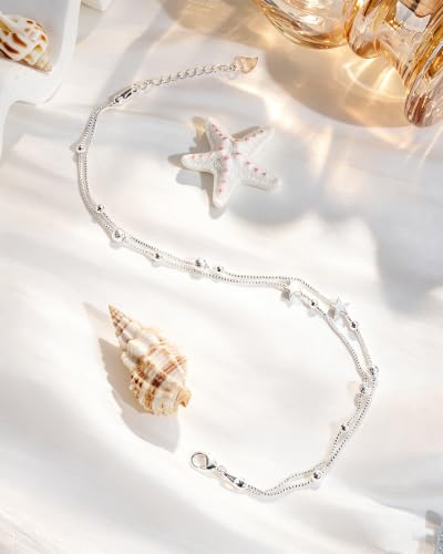 Image of Silver Ankle Bracelets for Women, Butterfly /Stars Cute Charm Anklet, 14K Gold Plated Layered Chain Anklets for Women Teen Girls