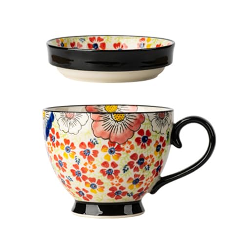 BURLOE Cuencos De Sopa con Asas, Asas De Cuencos De Sopa Tazas De Caldo Cuencos De Sopa De Crema Cuenco De Cerámica De Porcelana Flores De Colores Cuenco De Sopa Grande,C