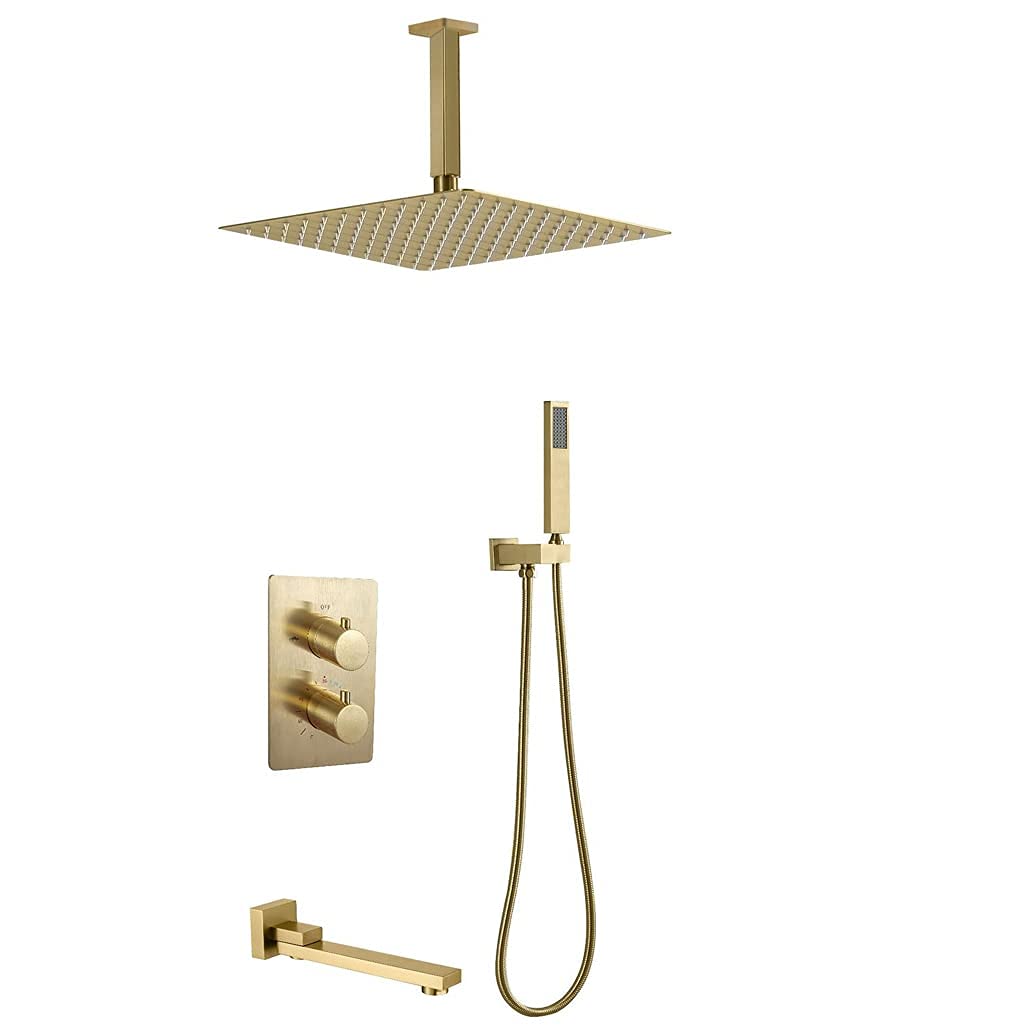 AYCDL Ceiling Mounted Thermostatic Brushed Gold Bathroom Rain Mixer Shower Taps Set with 10-12" Square Rainfall Shower Head and Tub Taps, Luxury Shower Set,12 Inch,10,size_name-10 Inch