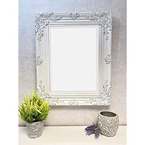 DOWNTON INTERIORS Antique White Bevelled Glass Carved Wall Mirror ~ Vintage Shabby Chic! 53cm x 43cm Cover