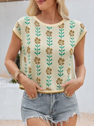 Image of Saodimallsu Womens Cap Sleeve Crop Tops Summer Color Block Going Out Crew Neck Knit Trendy Casual Sweater