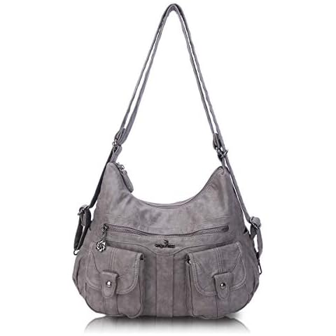 Angel Barcelo Women Multifunctional Soft Leather Handbag Purses Shoulder Hobo Backpack Crossbody Zipper Bag with Pocket (Grey) Cover