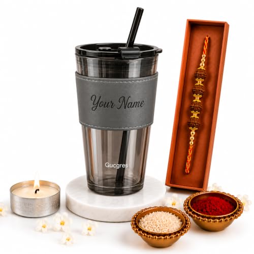 Image of Personalized Glass Tumbler with Straw & Rudraksha Rakhi Set | Custom Name Engraved Coffee Mug | Raksha Bandhan for Brother | Unique Rakhi Hamper | Personalized Present for