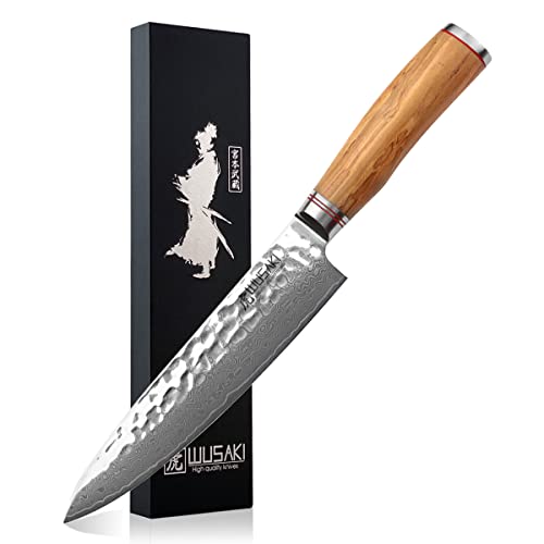 Wusaki Damasco Vg10 - Cuchillo De Chef Hoja De Damasco, 20 Cm, Acero Japonés, Mango De Madera De Olivo, Se Vende En Estuche Negro Wusaki Damasco Vg10 - Cuchillo De Chef Hoja De Damasco, 20 Cm, Acero Japonés, Mango De Madera De Olivo, Se Vende En Estuche Negro