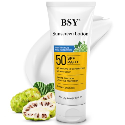 BSY Noni Sunscreen Lotion SPF 50 PA+++ (2.03 fl oz) | Infused with Noni & Soy Milk Extracts | Mineral Sunscreen with No White Cast | Water-Resistant | UVA/UVB Protection | For All Skin Types