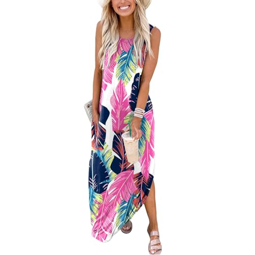 Image of FANDEE Women's Casual Summer Loose Sunresses Long Dresses Sleeveless Split Maxi Beach Dress with Pockets