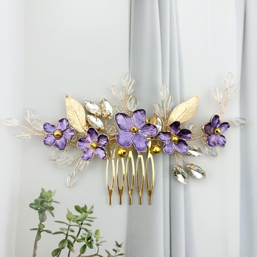 Peine para cabello de novia con flores moradas y cristales miniatura 7