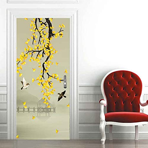 CBWRAW 3D Türaufkleber Gelbe Baumlandschaftsmalerei Abnehmbare Pvc Selbstklebende Wasserdichte Wandbild Art Decals Poster Tapete Für Wohnzimmer Küche Schlafzimmer Kinderzimmer Dekoration 90x200cm Cover