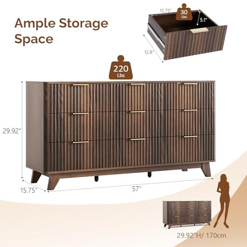 Image of VINGLI Fluted Walnut Dresser 9 Drawer, Dark Wood Dresser Brown with Rounded Edges, 57 inch Long Mid Century Modern Dressers for Bedroom, 57 inch W*15.75 inch D*29.92 inch H