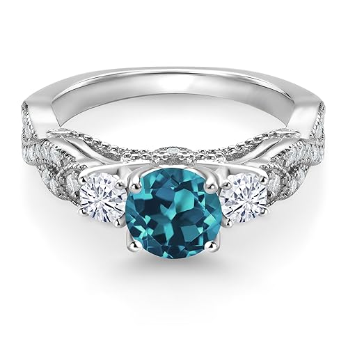 Gem Stone King 925 Sterling Silver London Blue Topaz and White Moissanite Engagement Ring For Women | 1.57 Cttw | Gemstone Birthstone | Round 6MM and 3MM | Available In Size 5, 6, 7, 8, 93