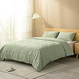 ATsense Sage Green Comforter Set King Size, 3pcs 100% Washed Cotton Simple Solid Color Luxurious Kin