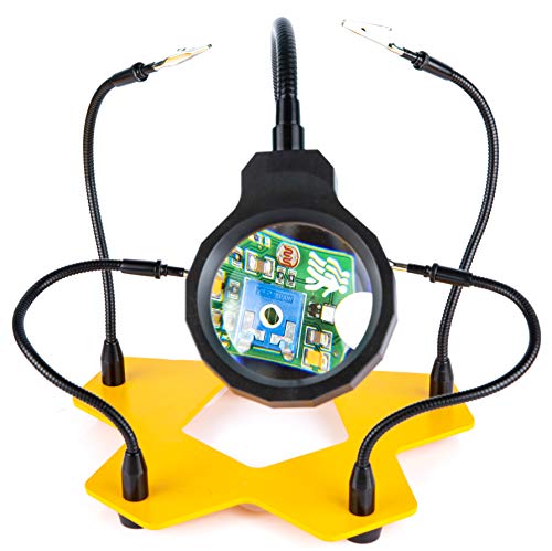 KOTTO LED Lighted Magnifying Third Hand Soldering PCB Holder Tool Five Arms Helping Hands Crafts Jewelry Hobby Workshop Helping Station Non-slip weighted base, LED Lamp