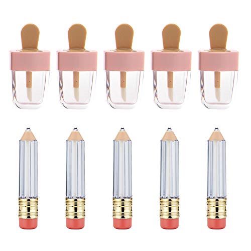 10 Pieces Empty Lip Gloss Tubes,Pencil Shaped and Ice-cream Shaped Lip Gloss Tubes with Wand Empty,Mini Refillable Lip Gloss Tubes for DIY
