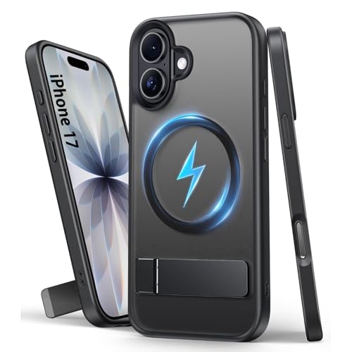 Image of Elzzi Translucent Matte Kickstand Case for iPhone 17, Built-in Adjustable Camera Stand, Magnetic MagSafe Shockproof Phone Cover (Black)