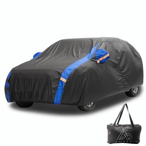 AMBARI All Weather Car Cover - Waterproof, Jeep Wrangler 2 Door Compatible, Blue & Black, Sun Protection, Up to 170 Inches
