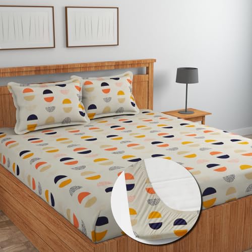 Image of NEW LEAF Cotton Fitted King Bedsheets with 2 Pillow Covers | Elastic Fitted | Wrinklefree | Ultrasoft |Winter Bedsheet 200 to 220 tc Floral | 78x72+8 Inches, Half Cricle Beige Black