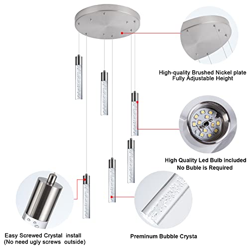 Image of Modern 6-Light Brushed Nickel Pendant Chandelier with Premium Bubbles
