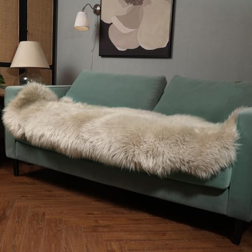 Premium Genuine Fur Sheepskin Rug Real Australia Sheepskin Natural Luxury Fluffy Lambskin Fur Area Rug Seat Covers for Kids Bedroom Sofa Chair Cover (Creamy Gray, Double Pelt/2ft x 6ft)