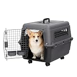 SportPet Airline Compliant MEDIUM 24.25' Travel Dog Kennel-Durable Plastic Airline Pet Carrier w/ Removable Wheels & Food Bowls, Collapsible Indoor/Outdoor Dog Kennel, Dogs up to 23'L & 15'H-Dark Gray
