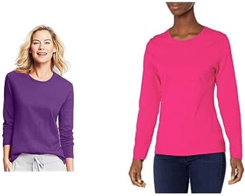 Hanes Womens Perfect-T Long Sleeve T-Shirt - 2 Pack Medium Sizzling Pink & Ebony