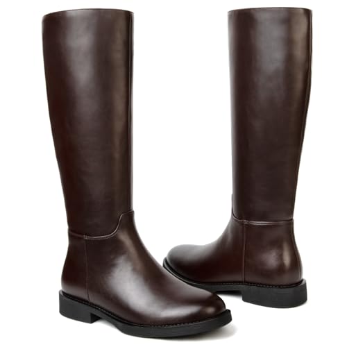 Image of Women's Knee High Boots Flat Round Toe Low Heel Tall Boots Side Zipper Fall Riding Long Boot