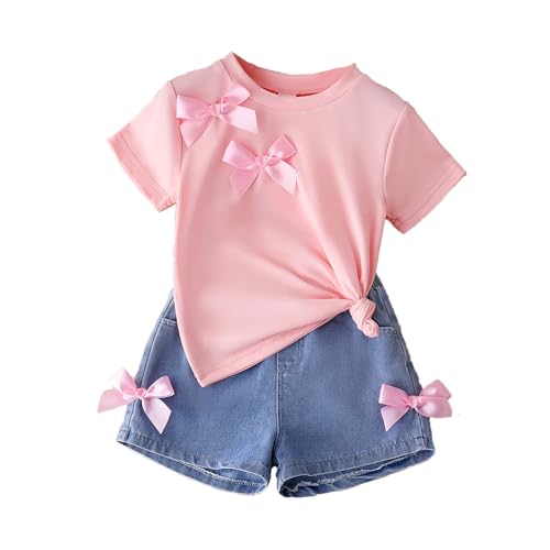 Eqenkely Toddler Girl's 2 Piece Bowknot Outfits Summer Short Sleeve Tees Shirt with Denim Jeans Skirt Set Pink 5 Years