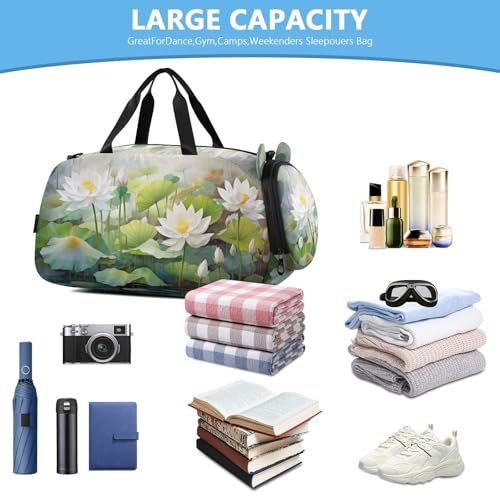 Watercolor White Lotus Duffle Bag for Girl, Sports Duffle Gym Bags with Shoe Compartment, Personalized Overnight Bag Travel Weekender for Kids3