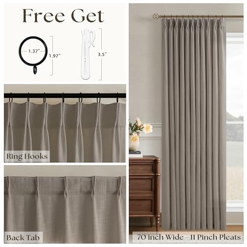 Image of 96 Inch Curtains 70 Inch Width Pinch Pleated Thick Linen Taupe 1 Panel | Light Filtering, Privacy, Semi Sheer, Extra Wide, Patio Sliding Glass Door, Hooks Rings, Back Tab, Living Room, 70x96 Drapes