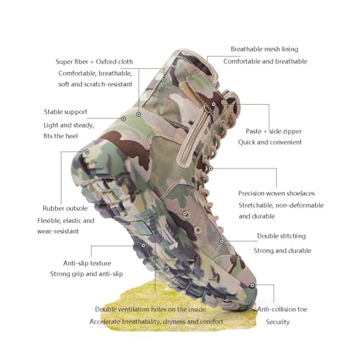 Wygwlg Camouflage Boots for Men, Mens Military Side Zip Waterproof Breathable Camouflage Combat Boots, Durable Waterproof Non Slip Hiking Boots, for Camping, Hiking, Jungle Combat3