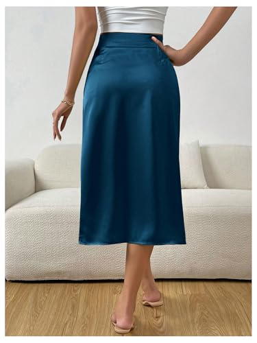 OYOANGLE Women's Elegant Satin Midi Skirt High Waist Ruched Wrap Skirts3