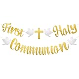 First Holy Communion Banner, Pre-Strung Glitter Paper Banner Kit Pull Flag Creative Party Decorations Backdrop Sign for 1st Communion Religious Baptism Party Decor (Gold)