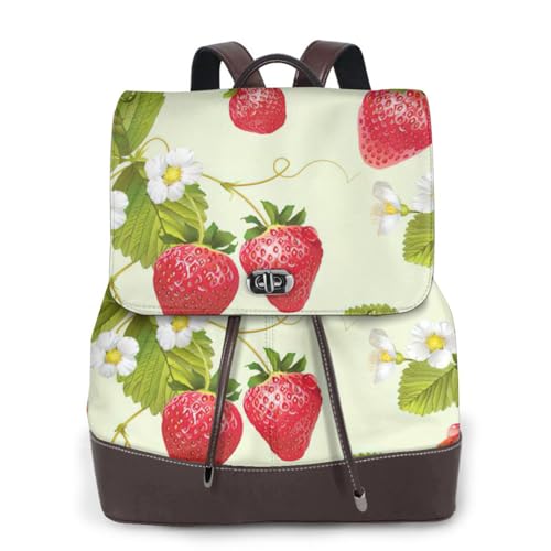 Sac à dos en cuir de qualité supérieure noir à imprimé fraise pour femme