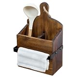 MyGift Rustic Wall Mounted Solid Wood Utensil Holder with Towel Bar – Cutting Board Style Kitchen Organizer Rack for Cooking Tools, Hanging Storage, and Dish Towels