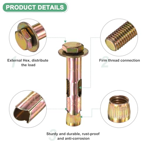 Image of M METERXITY 5-Pack Hex Expansion Bolt, M12x80mm Colored Galvanized Iron-Carbon Steel External Hex Expansion Bolts, Anti-Corrosion Metal Bolt for Concrete /Dry Brick /Block Walls