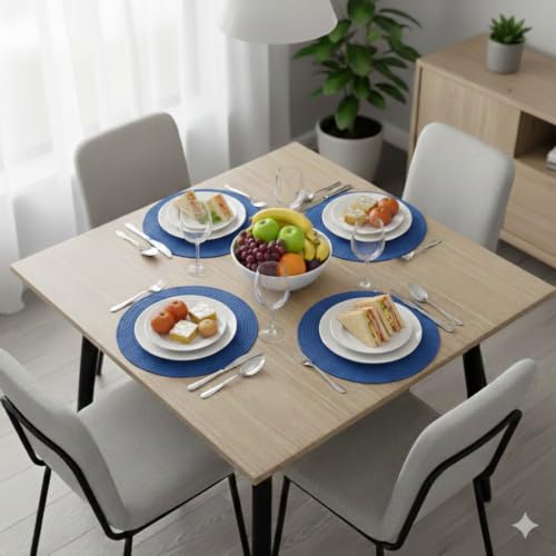 Image of Cotton Rope Placemats, Round Red with White Border, Set of 4, Heat Resistant Table Mats (Blue Plain)