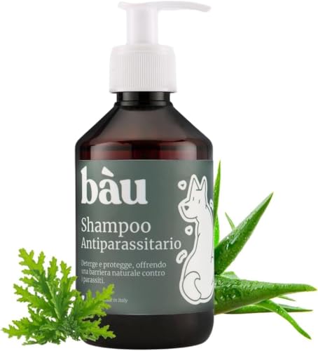 BAU Champú Antiparasitario para Perros con Aceite de Neem y Aloe Vera, Protección 100% Natural contra Pulgas y Garrapatas, Champú Antipulgas para Perros y Cachorros Suave con la Piel (250 ml)