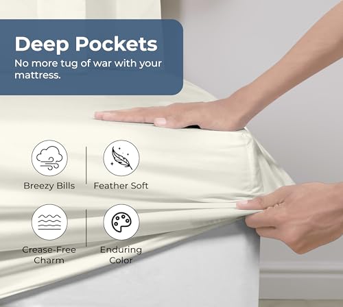 Image of Royale Linens 100% Organic Cotton Fitted Sheet - Percale Weave - Super Soft Deep Pocket Bottom Sheets - Ivory Elastic Sheet Queen Size - Queen Fitted Sheets Only - (60 inchx80 inch+15 inch, Ivory)
