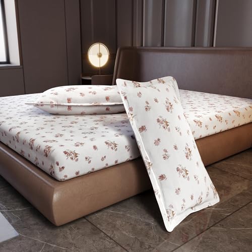 Image of Divine Casa 210 TC Pigment Twill Satin Cotton King Size Bedsheet | Soft Breathable Bed Sheet for King Size Bed with 2 Pillow Covers | 275 x 275 cm (Cream White, Floral)