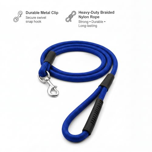 Image of Dog Leash for Large Dogs & Medium Dogs 5 Feet - Heavy Duty Nylon Rope 15mm Thick Leash with Anti Slip Rubber Handle - Tangle Free & Swivel Metal Clip (Blue)