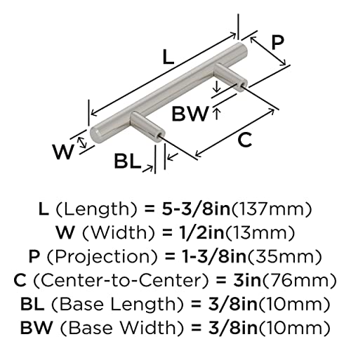 Image of Amerock 10 Pack 3-3 /4 inch Bar Pulls Polished Nickel Drawer Pull | 3-3 /4 inch (96mm) Center-to-Center Mounting Distance and 6-1 /8 inches Overall Length, Durable Carbon Steel Cabinet Hardware
