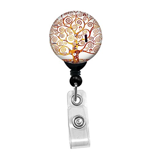 Gustav Klimt - Tree Of Life - Retractable Badge Reel - ID Name Tag Custom Badge Holder (Black Badge Reel with Belt Slide Clip)